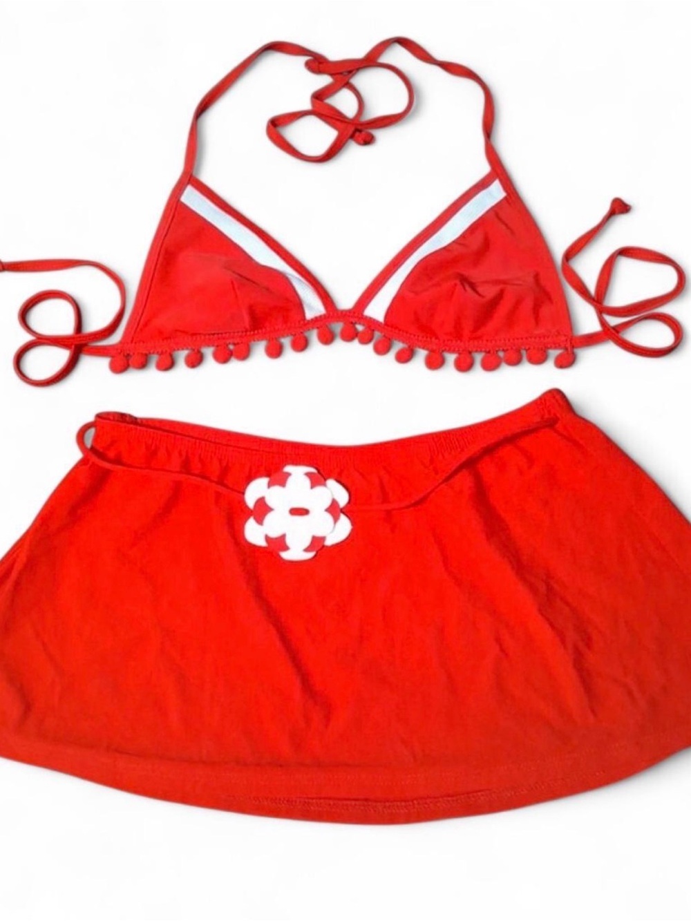 Gottex Red Two-Piece Bikini with Pom Trim and Skirt